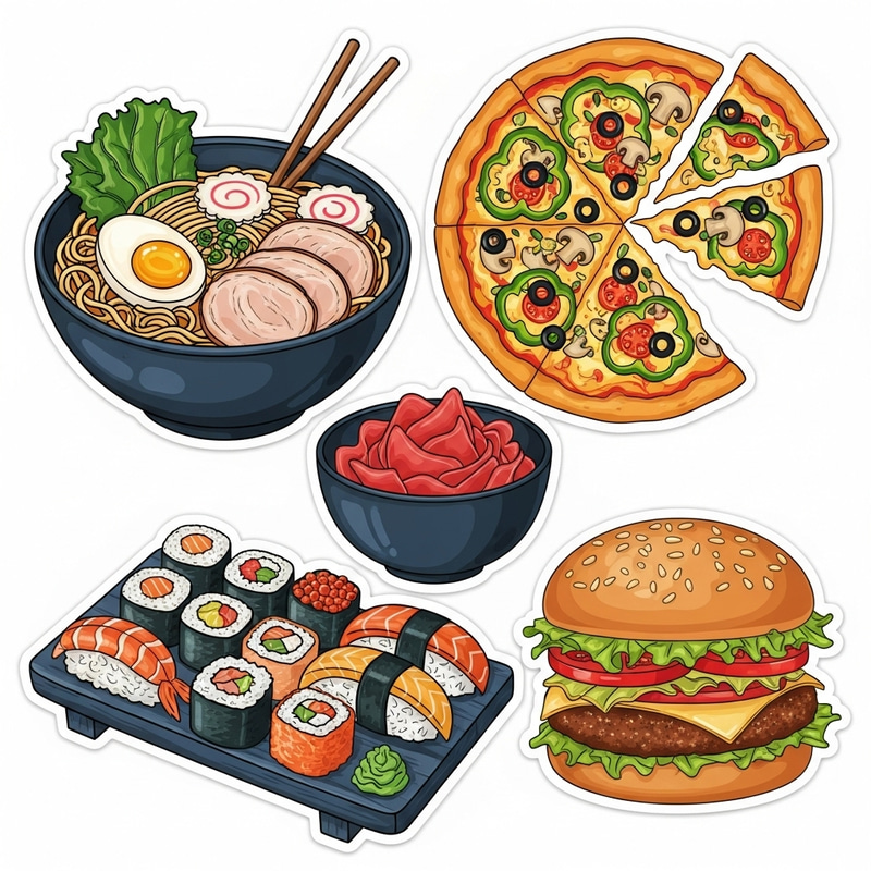 Delicious Food Stickers with Steaming Ramen, Cheesy Pizza & Sushi | Food-themed Designs Delicious Food Stickers with Steaming Ramen, Cheesy Pizza & Sushi | Food-themed Designs