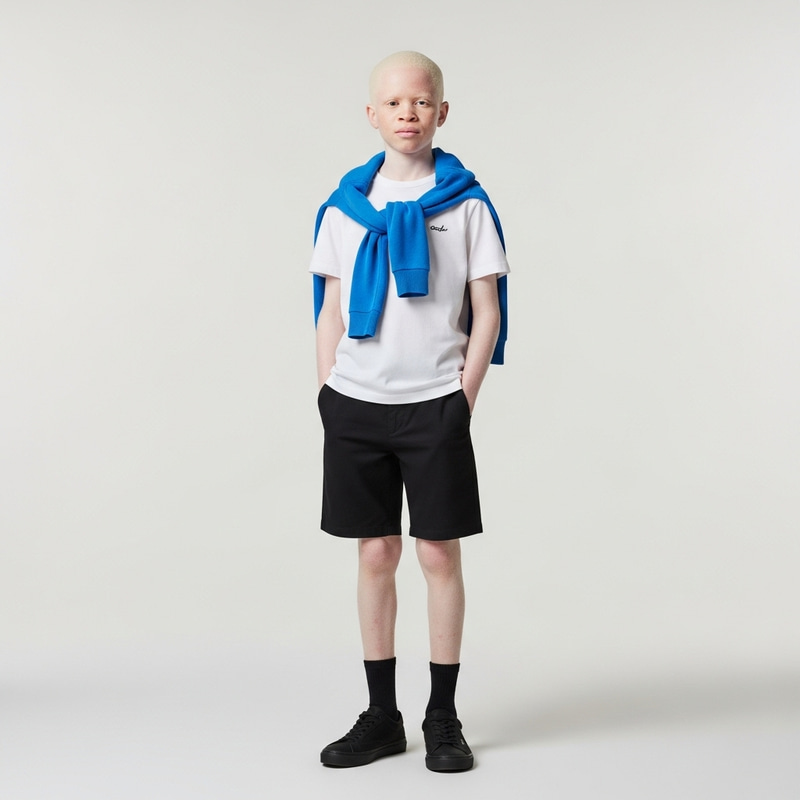 Albino Boy in Black Shorts and Blue Sweater