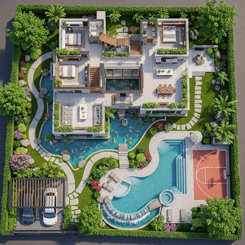 Modern 300 sqm House Plan with Garden, Pool, Basketball Court & Parking - Exclusive Design Modern 300 sqm House Plan with Garden, Pool, Basketball Court & Parking - Exclusive Design