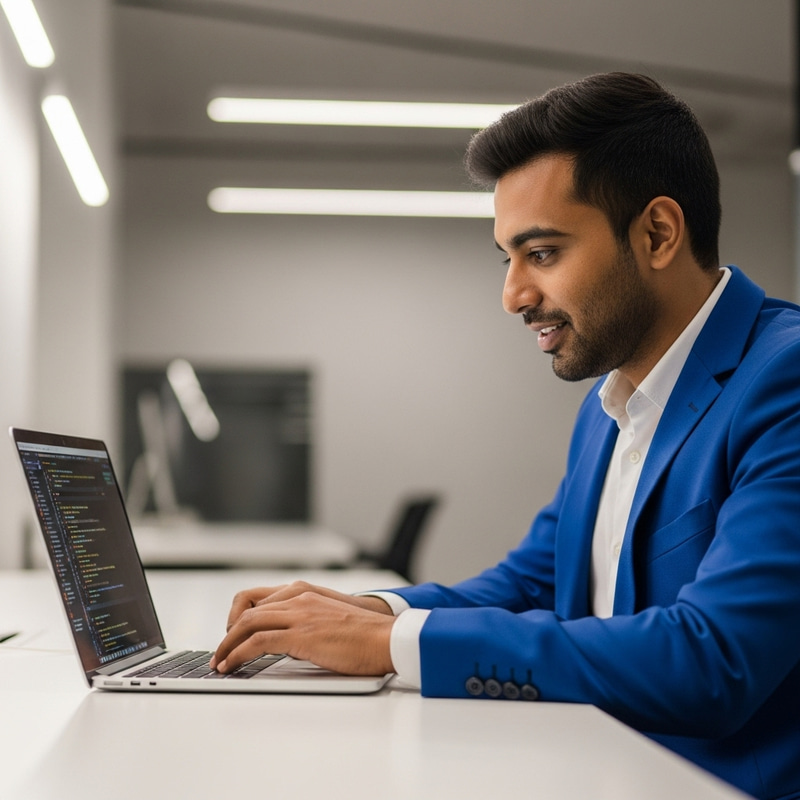 Professional Man in Blue Suit Coding on Computer | Modern Tech Workspace