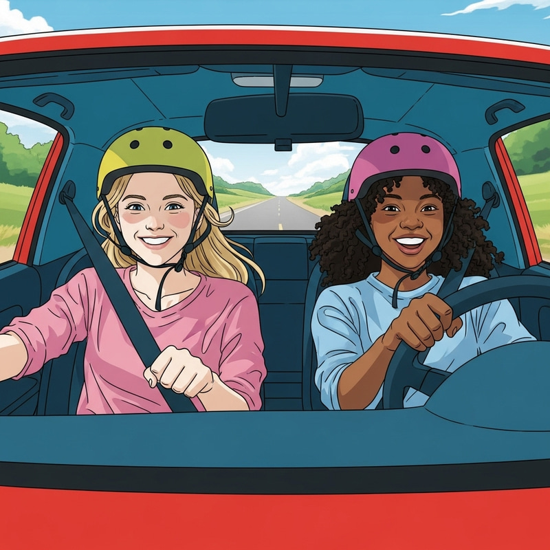 Diverse Girls Enjoying Ride in Red Car