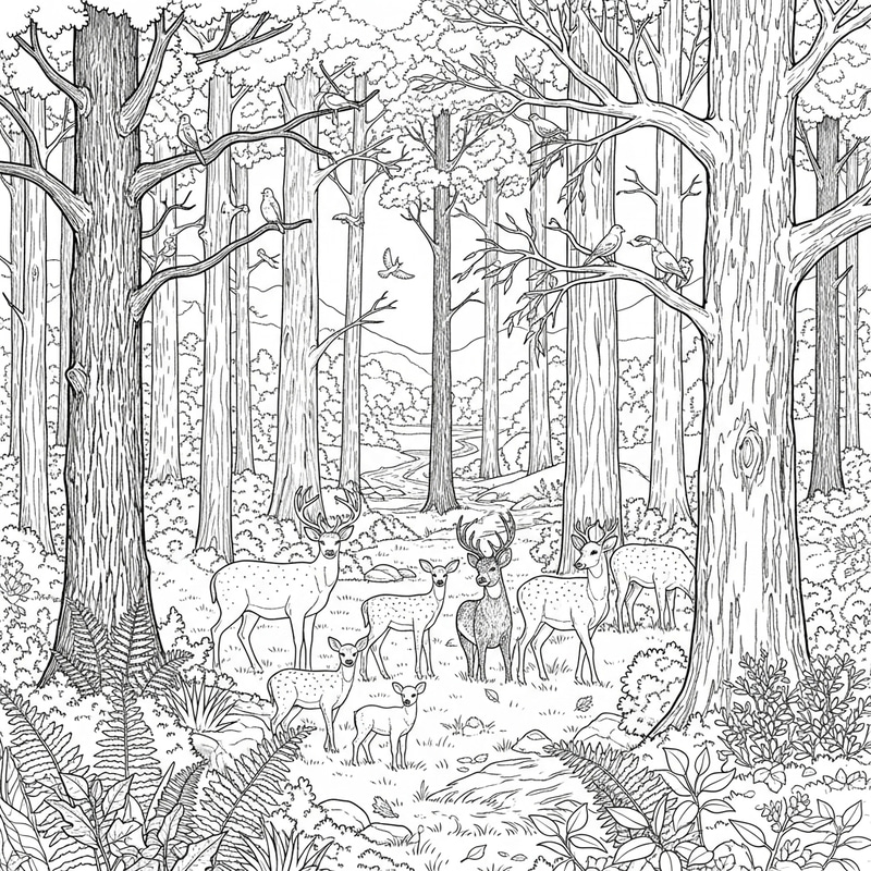 Forest Wood Burning Sketch | Towering Trees, Deer & Stream