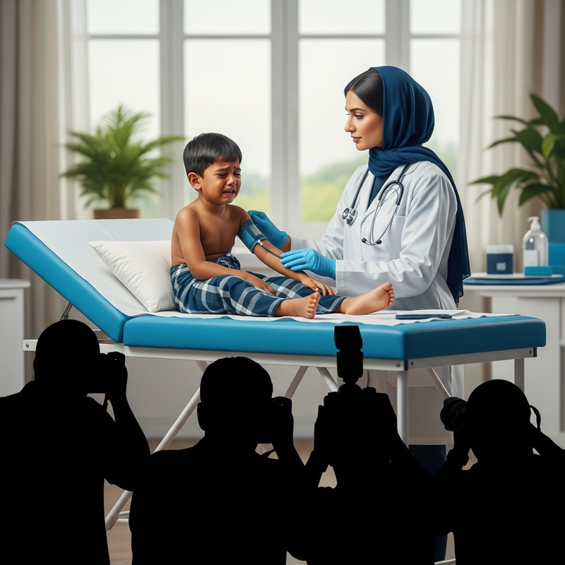 Young Boy in Sarong with Doctor at Medical Exam