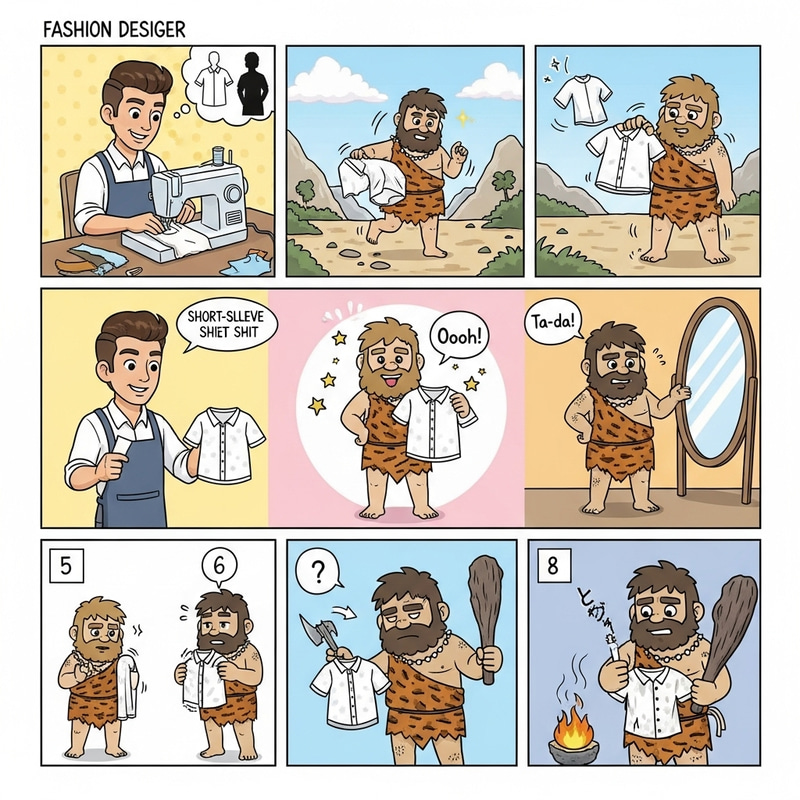 Comic Strip: Caveman's Fashion Journey with Designer
