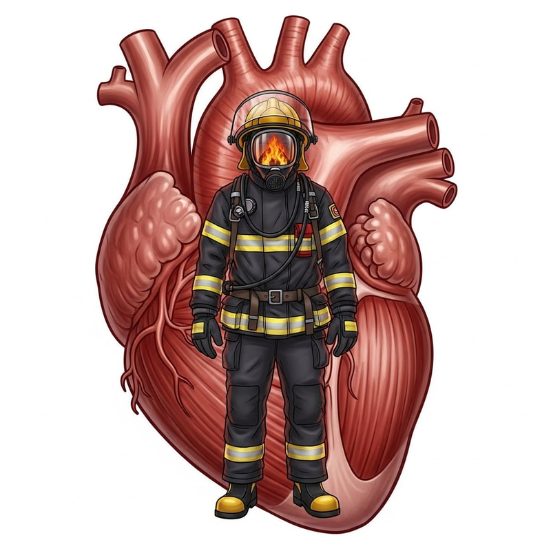 Heart Muscle Firefighter Illustration - Unique Artwork with Fire and Flames Heart Muscle Firefighter Illustration - Unique Artwork with Fire and Flames
