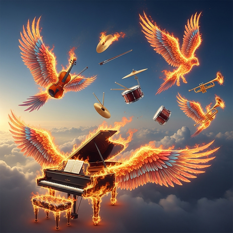 Flaming Musical Instruments with Wings Soaring in the Sky