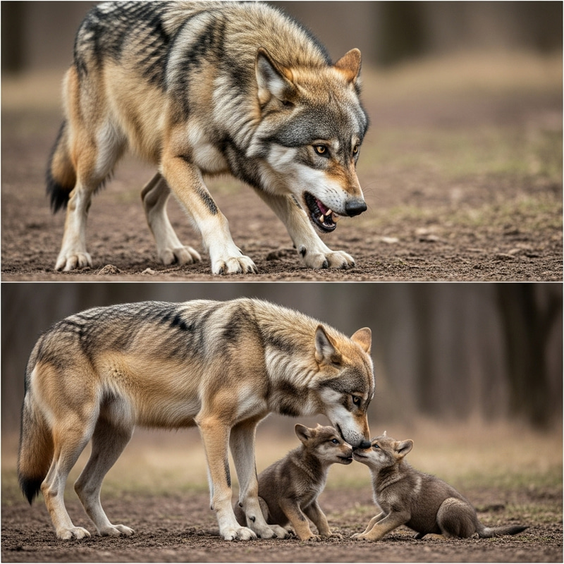 Aggressive Wolf & Female Wolf Guarding Cubs - Wildlife Scene Aggressive Wolf & Female Wolf Guarding Cubs - Wildlife Scene