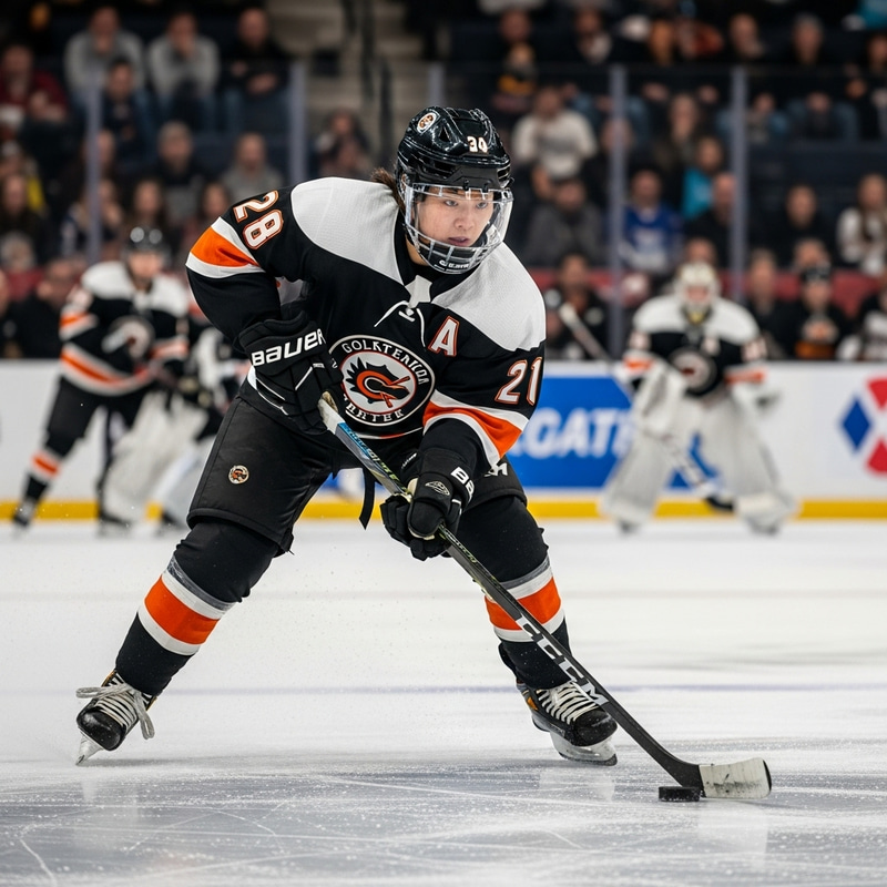 Female Hockey Player Wearing Face Mask in Intense Game Female Hockey Player Wearing Face Mask in Intense Game