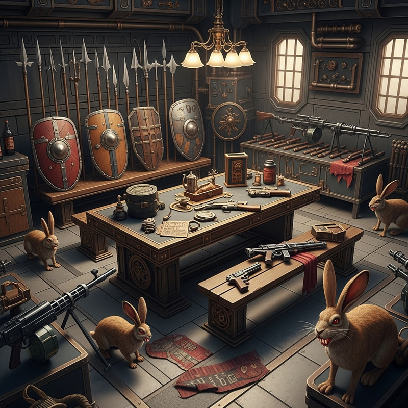 Steampunk Security Room with Weapons, Shields and Ferocious Rabbits