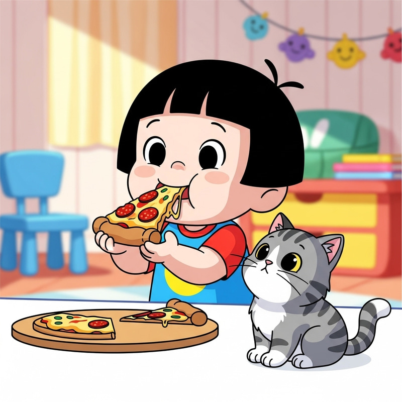 Cute Child with Black Hair Eating Pizza with White Cat Cute Child with Black Hair Eating Pizza with White Cat