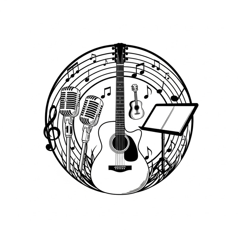 Guitar, Microphone, Music Stand in Circle - Black & White Guitar, Microphone, Music Stand in Circle - Black & White