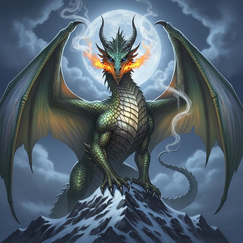Majestic Dragon on Moonlit Mountain Peak | Enchanting Image of a Noble Beast Majestic Dragon on Moonlit Mountain Peak | Enchanting Image of a Noble Beast