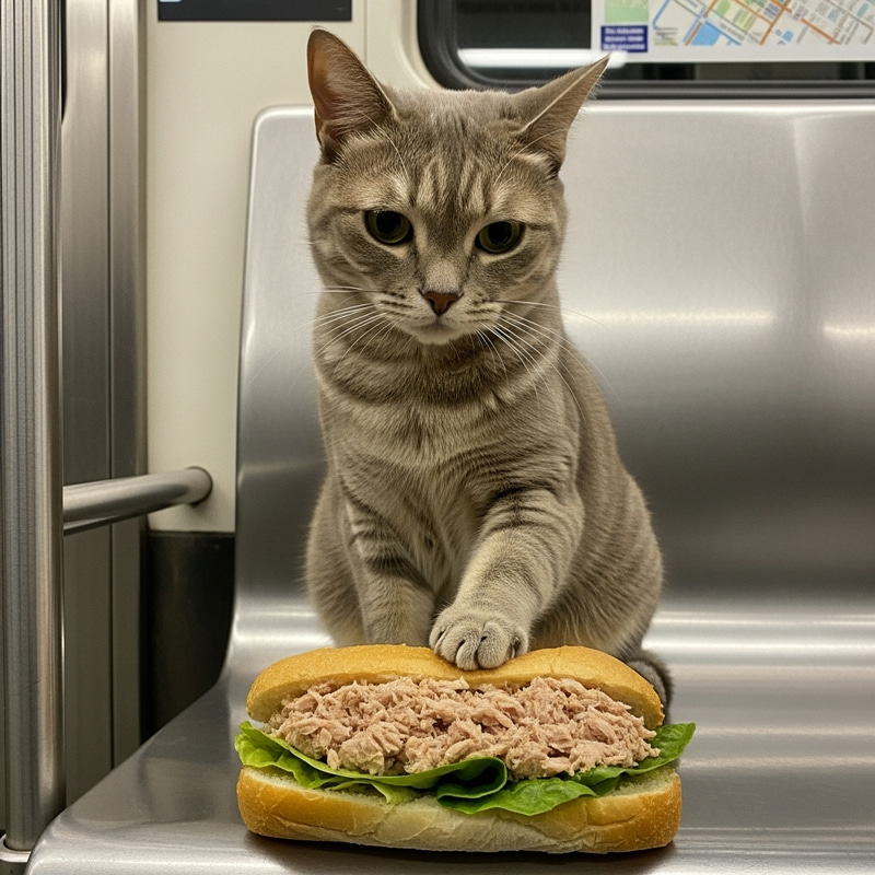 Curious Cat Eating Tuna Sandwich on Subway Platform