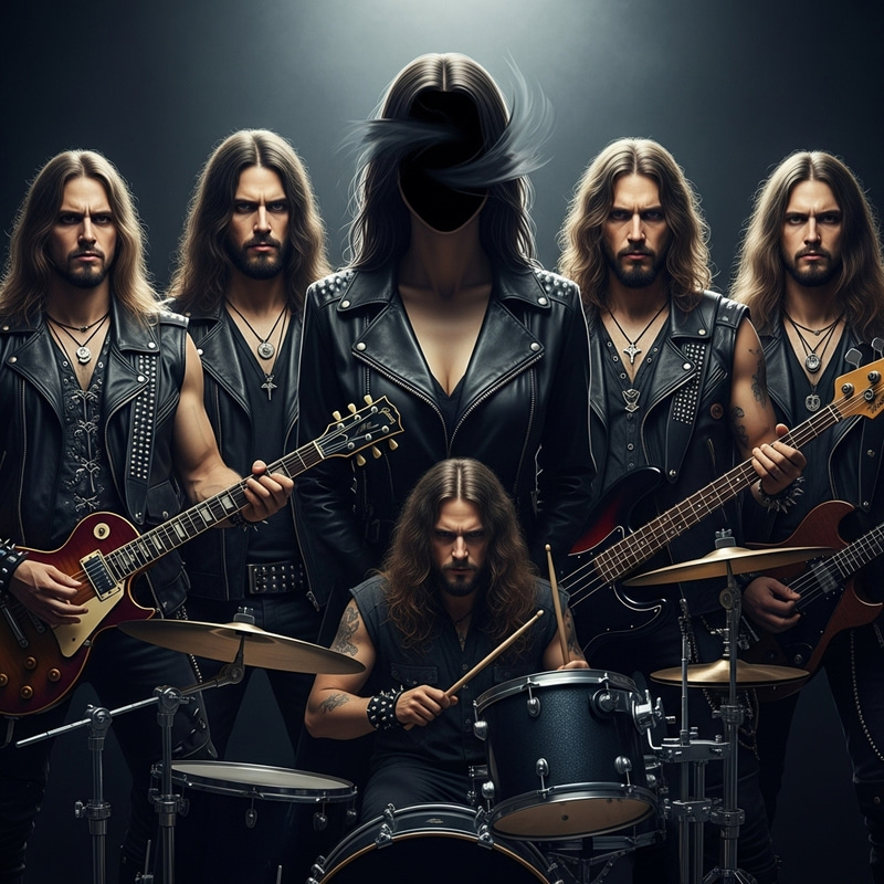 Epic Iron Maiden Squad Featuring Enigmatic Female Figure