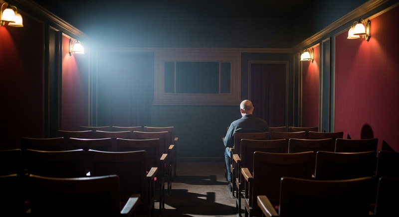 Intimate 1920s Movie Theatre Scene with Film Noir Aesthetic Intimate 1920s Movie Theatre Scene with Film Noir Aesthetic