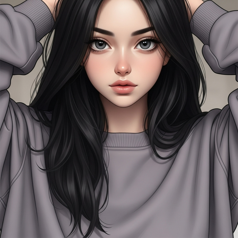 19-Year-Old Girl with Long Black Hair, Big Gray Eyes, and Full Lips in Oversized Solid Sweatshirt 19-Year-Old Girl with Long Black Hair, Big Gray Eyes, and Full Lips in Oversized Solid Sweatshirt