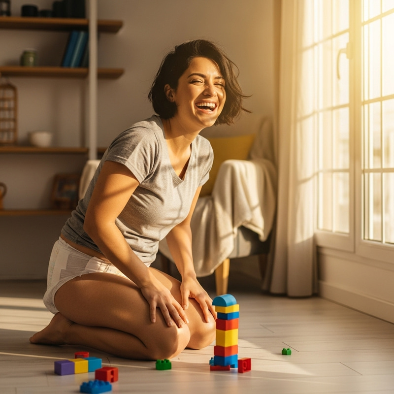 Hispanic Woman Laughing in Joyful Baby Diaper Scene Hispanic Woman Laughing in Joyful Baby Diaper Scene