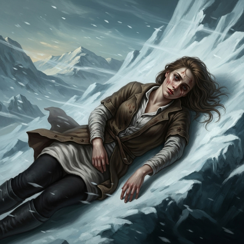 Gripping Baroque Portrait: Young Woman Stranded in Snowy Mountains Gripping Baroque Portrait: Young Woman Stranded in Snowy Mountains