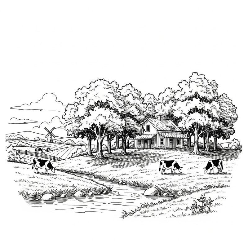 Peaceful Rural Sketch - Quaint Farmhouse & Grazing Cows