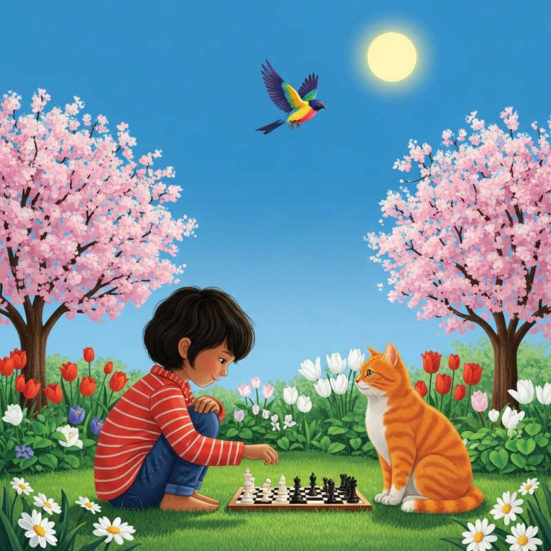 Child Playing Chess with Orange Cat in Spring Garden Scene