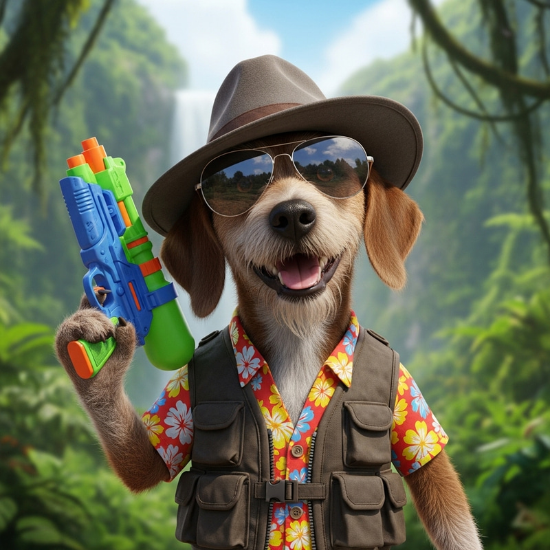 Funny Dog with Water Pistol, Hat & Sunglasses Funny Dog with Water Pistol, Hat & Sunglasses