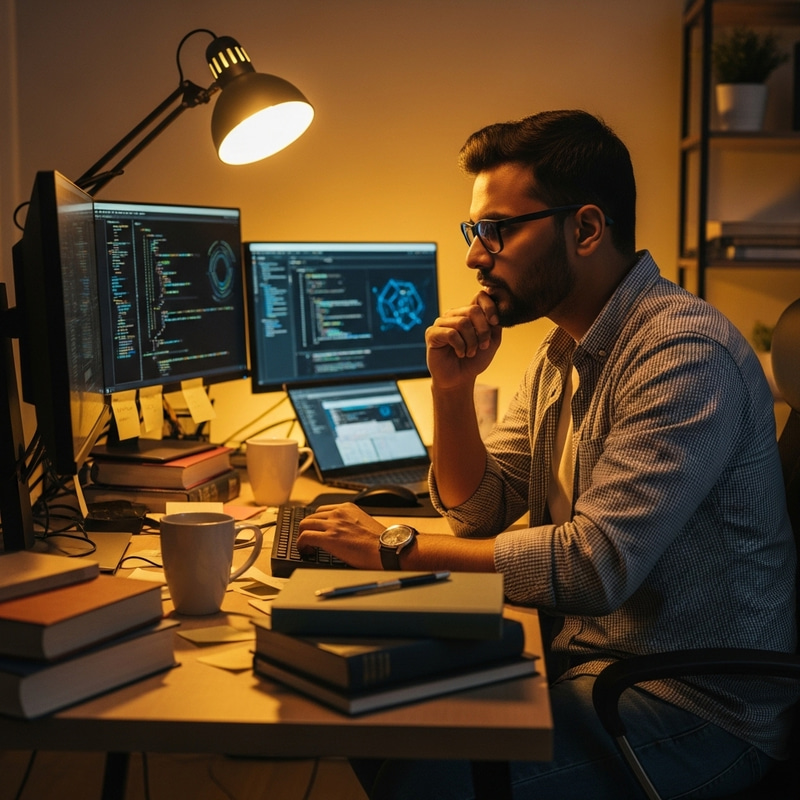 Hardworking South Asian Programmer at Late-Night Coding Session