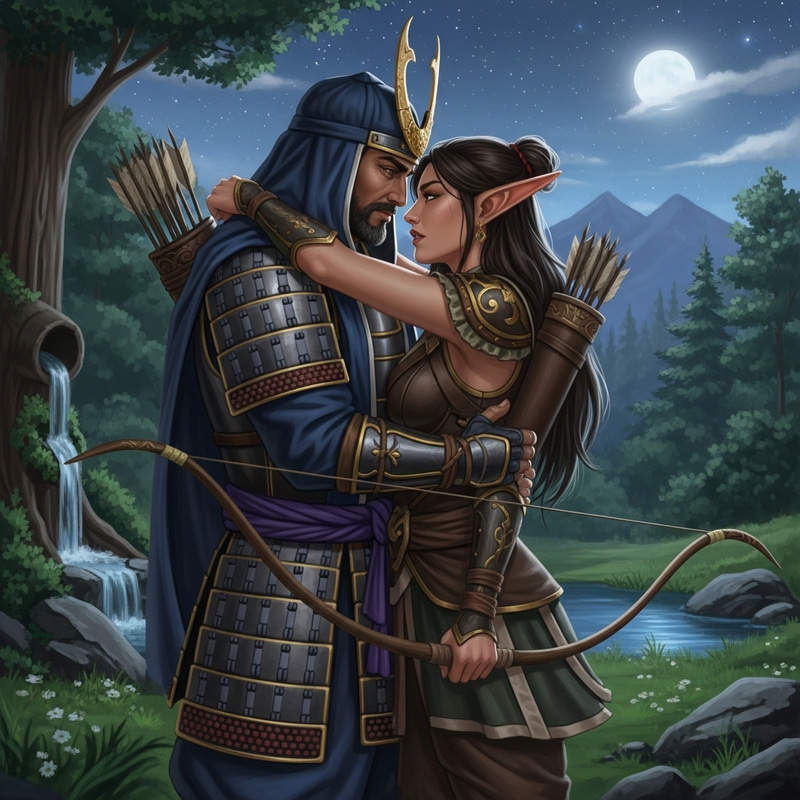 Romantic Samurai Embracing High Elf Archer Under Moonlight