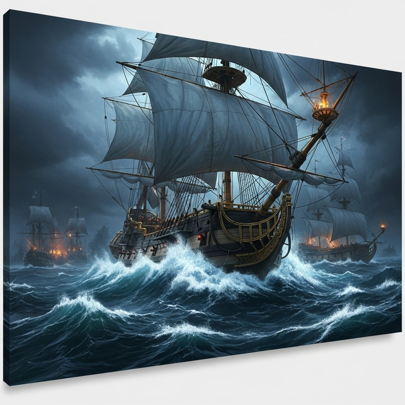 Majestic 17th-Century Ship in Stormy Night Scene