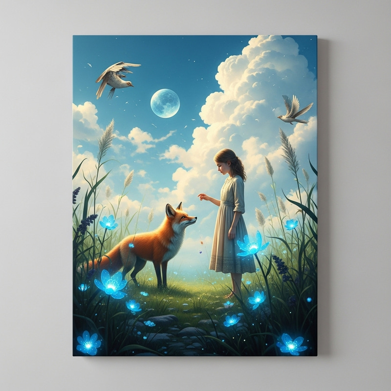 Enchanted Encounter: Young Girl, Fox & Bioluminescent Meadow Enchanted Encounter: Young Girl, Fox & Bioluminescent Meadow