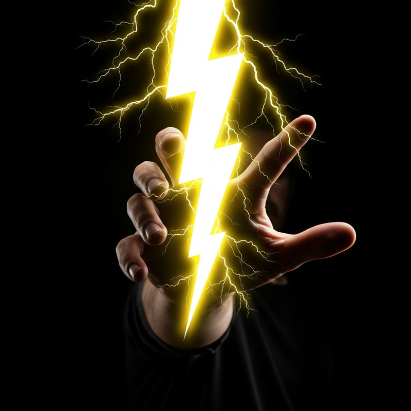 Thunderbolt grasped by hand on dark backdrop