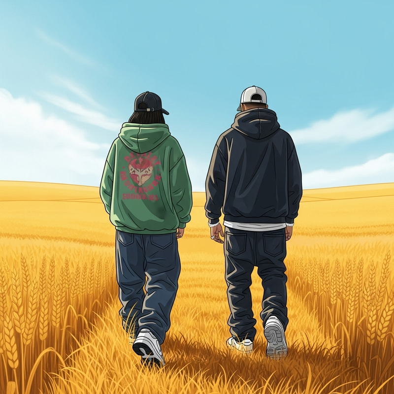 Diverse Rappers in Unique Street Styles Walking Through Wheat Field Diverse Rappers in Unique Street Styles Walking Through Wheat Field