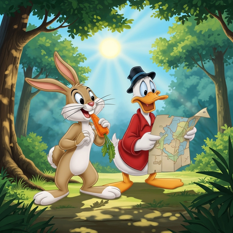 Playful Bunny and Clever Duck in Lush Woodland Playful Bunny and Clever Duck in Lush Woodland
