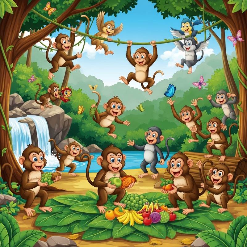 Cheerful Monkey Gathering in Lush Tropical Forest Cheerful Monkey Gathering in Lush Tropical Forest