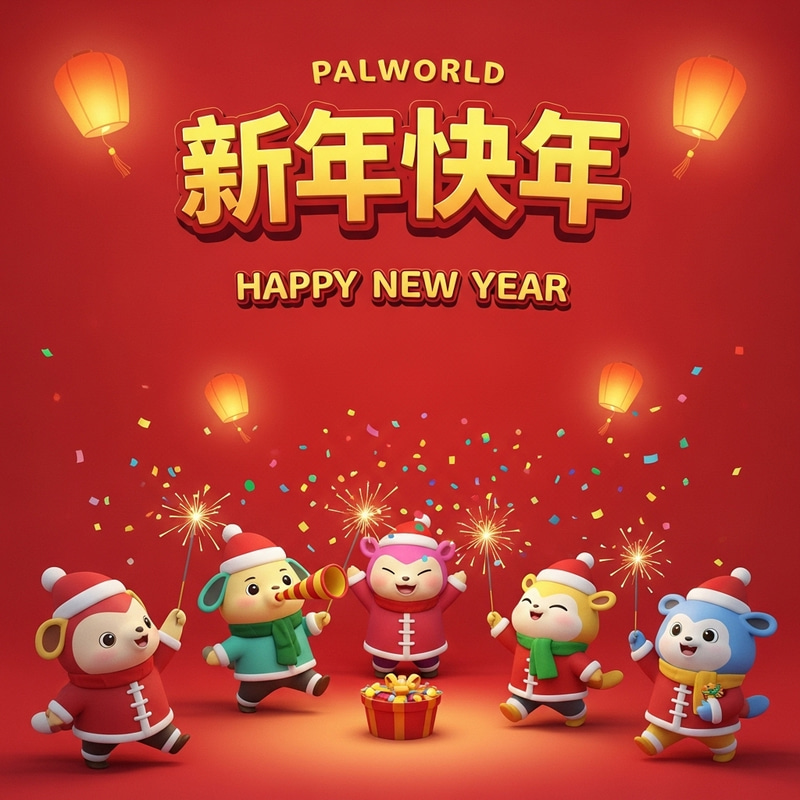Cute New Year Celebration in Palworld - Red Background Festivities Cute New Year Celebration in Palworld - Red Background Festivities