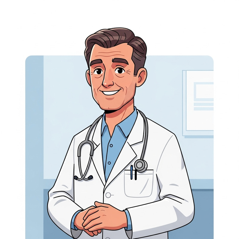 Friendly Middle-Aged Caucasian Doctor Cartoon Illustration
