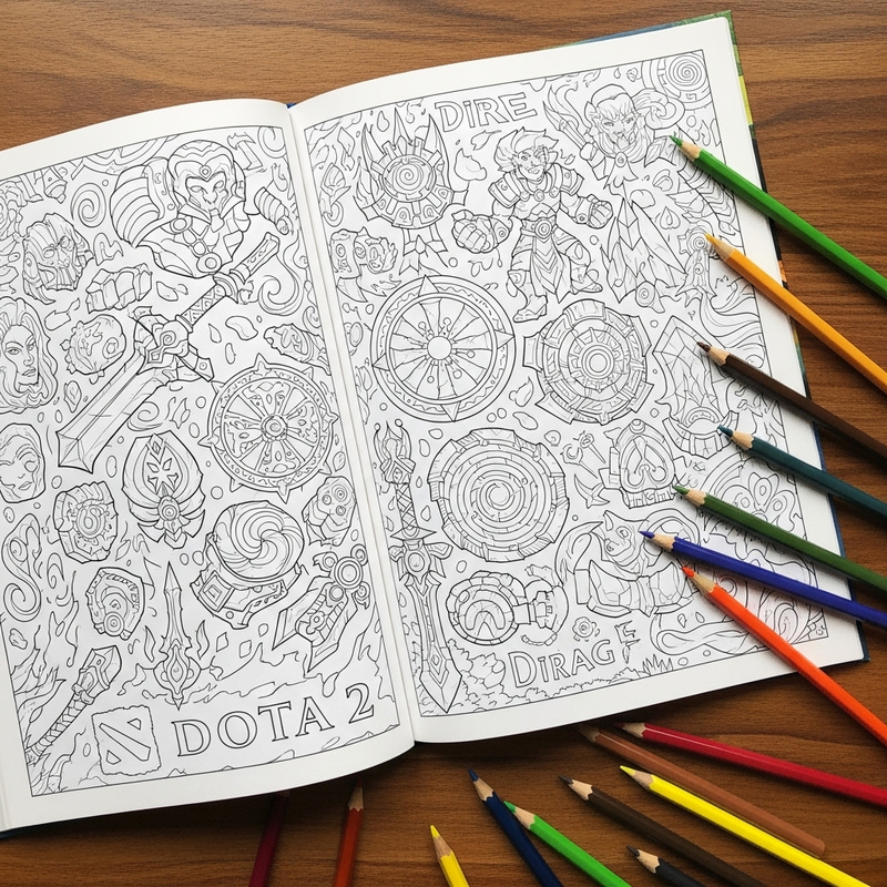 Dota 2 Coloring Book Page | Detailed Line-Art and Game Elements
