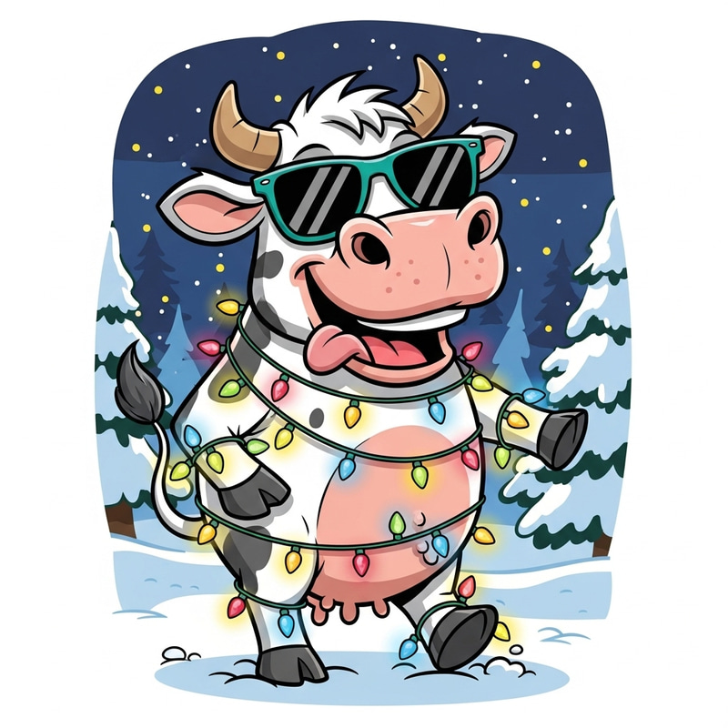 Happy Cartoon Cow in Christmas Lights Happy Cartoon Cow in Christmas Lights