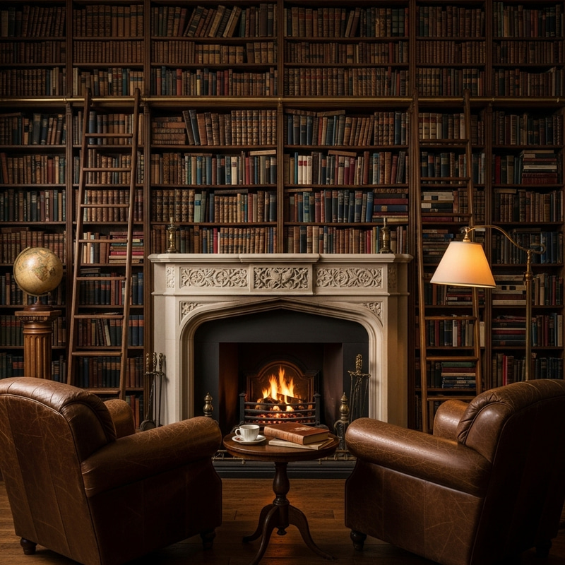 Luxurious Fireplace & Leather Armchairs in Book-Lined Room Luxurious Fireplace & Leather Armchairs in Book-Lined Room