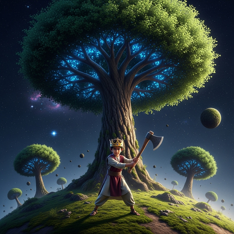 Boy with Crown Chopping Trees on Small Planet in Space