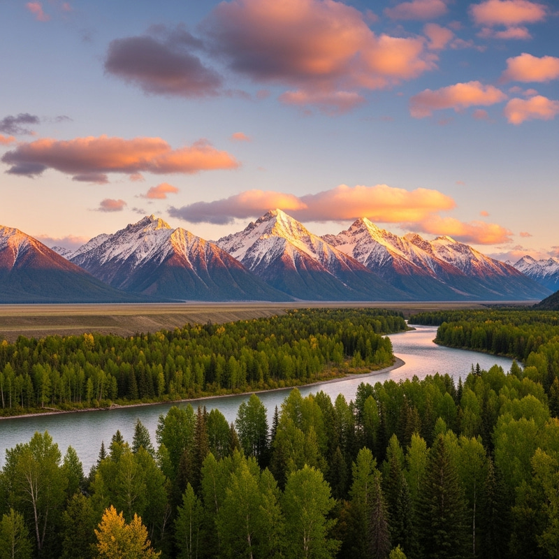 Serene Landscape: River, Forest & Majestic Mountains