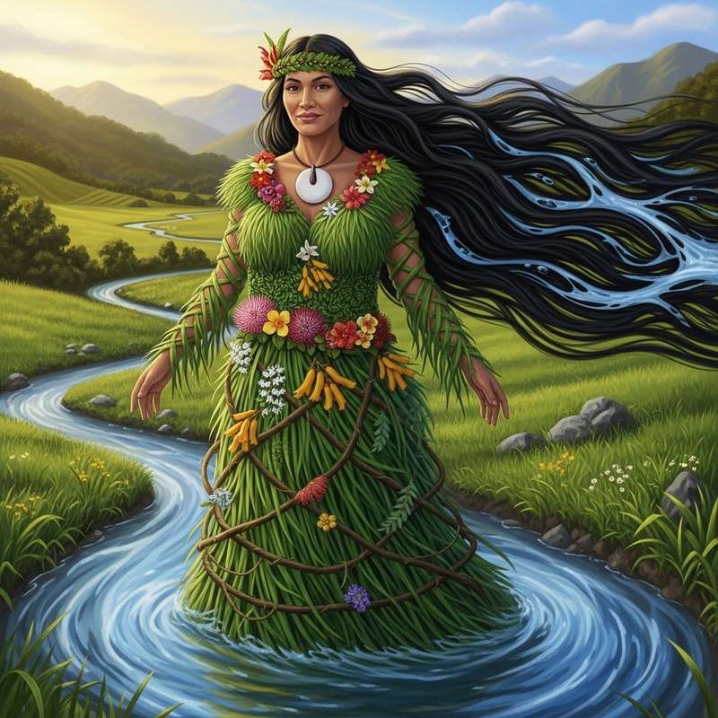 Papatuanuku - Earth Mother with River Hair and Native Flora Dress Papatuanuku - Earth Mother with River Hair and Native Flora Dress