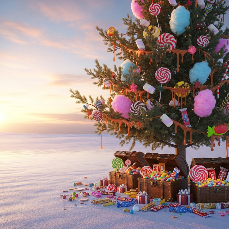 Snowy Field Pine Tree with Candy Ornamentation and Sweet Gift Boxes