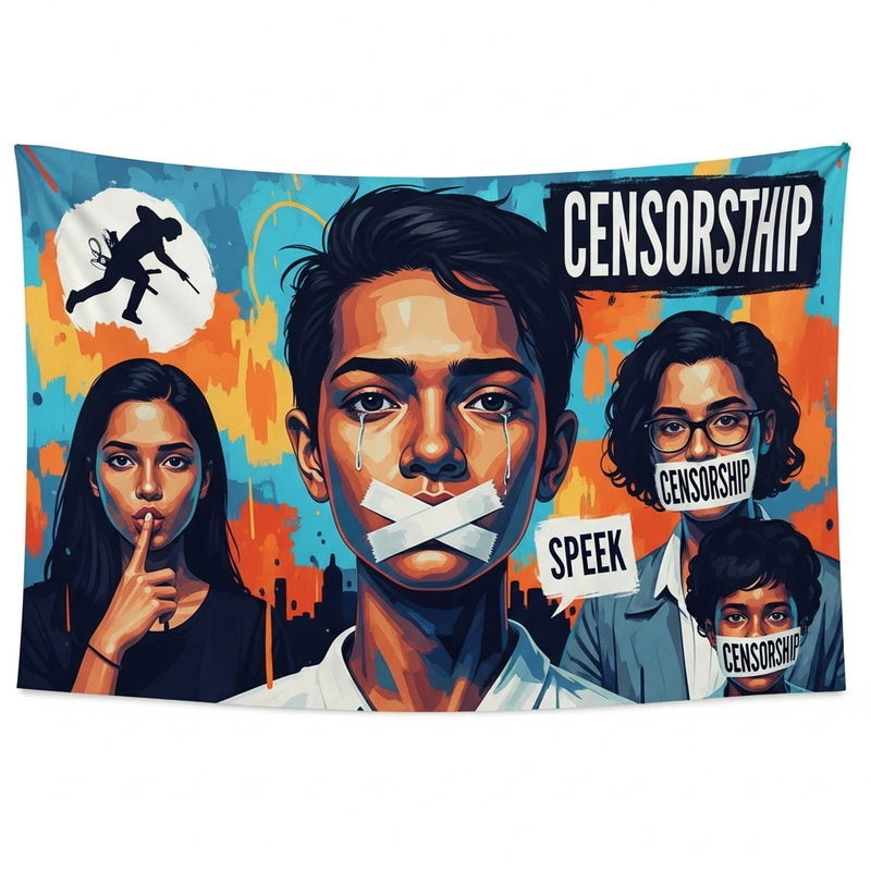 Powerful Censorship Illustration: Expressive Face In Vibrant Painting