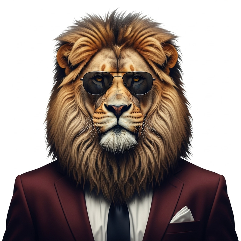 Realistic Lion Art: Alpha Roaring in Maroon Suit with Stylish Sunglasses Realistic Lion Art: Alpha Roaring in Maroon Suit with Stylish Sunglasses