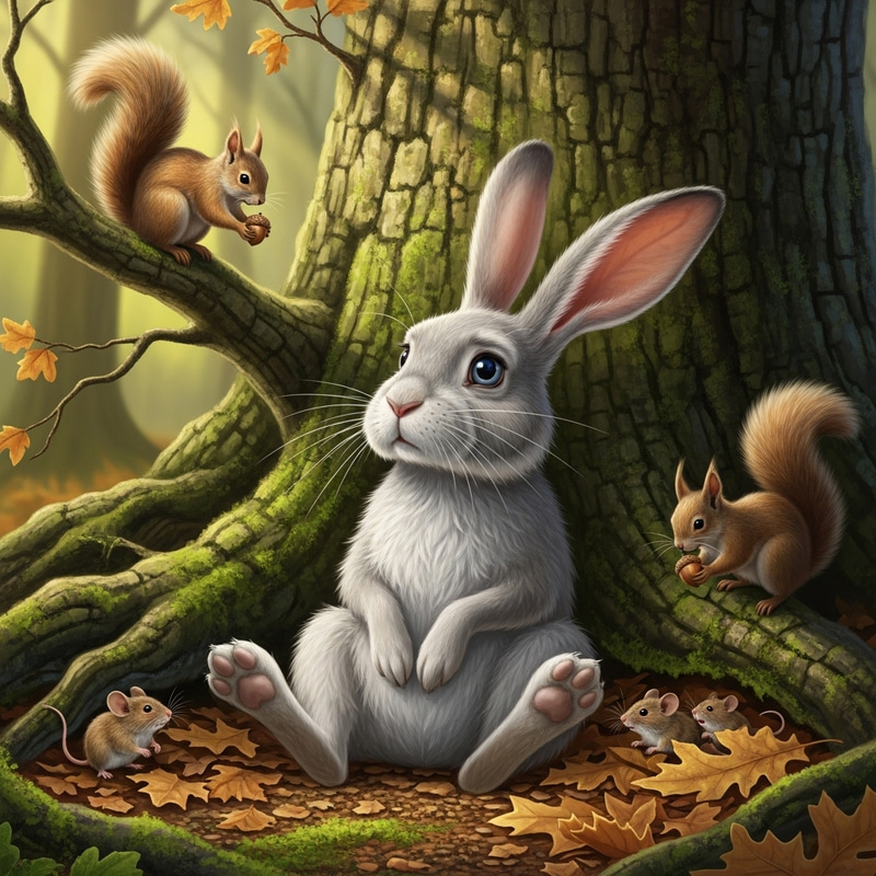 Wise Rabbit in the Forest with Squirrels and Mice Wise Rabbit in the Forest with Squirrels and Mice