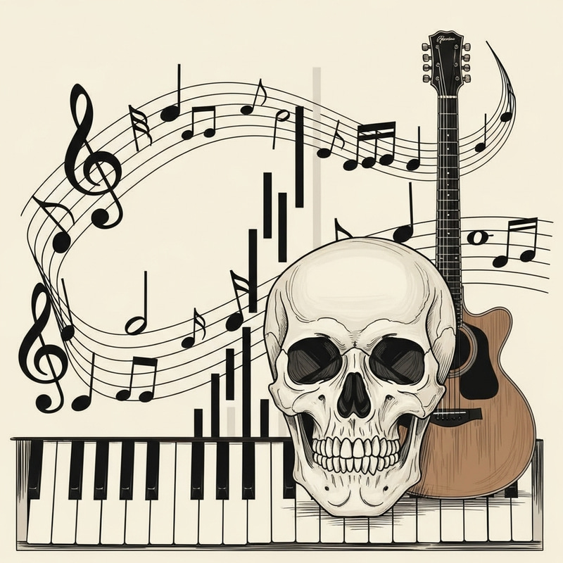 Musical Harmony: Notes, Piano, Guitar & Skull Art Musical Harmony: Notes, Piano, Guitar & Skull Art