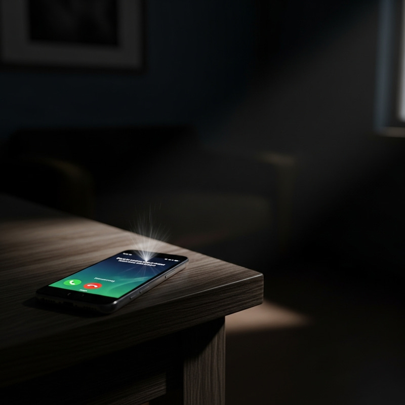 Dark Home Ambiance: Mobile Phone Ringing on Wooden Table
