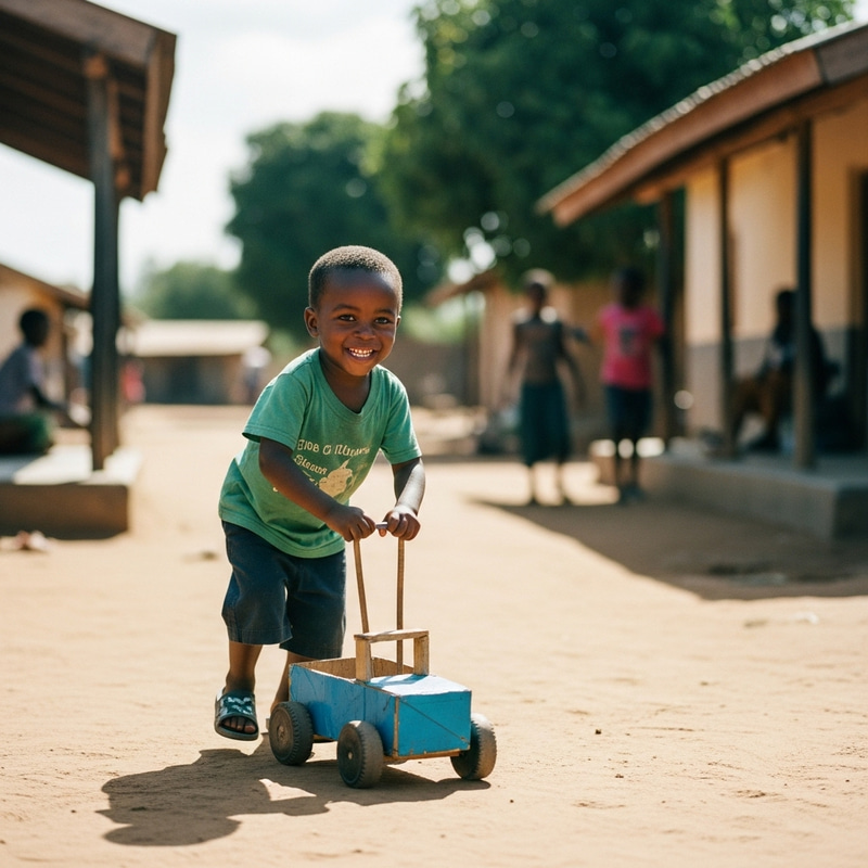 Cheerful African Boy Playing Homemade Toy Car in Sunny Village Cheerful African Boy Playing Homemade Toy Car in Sunny Village