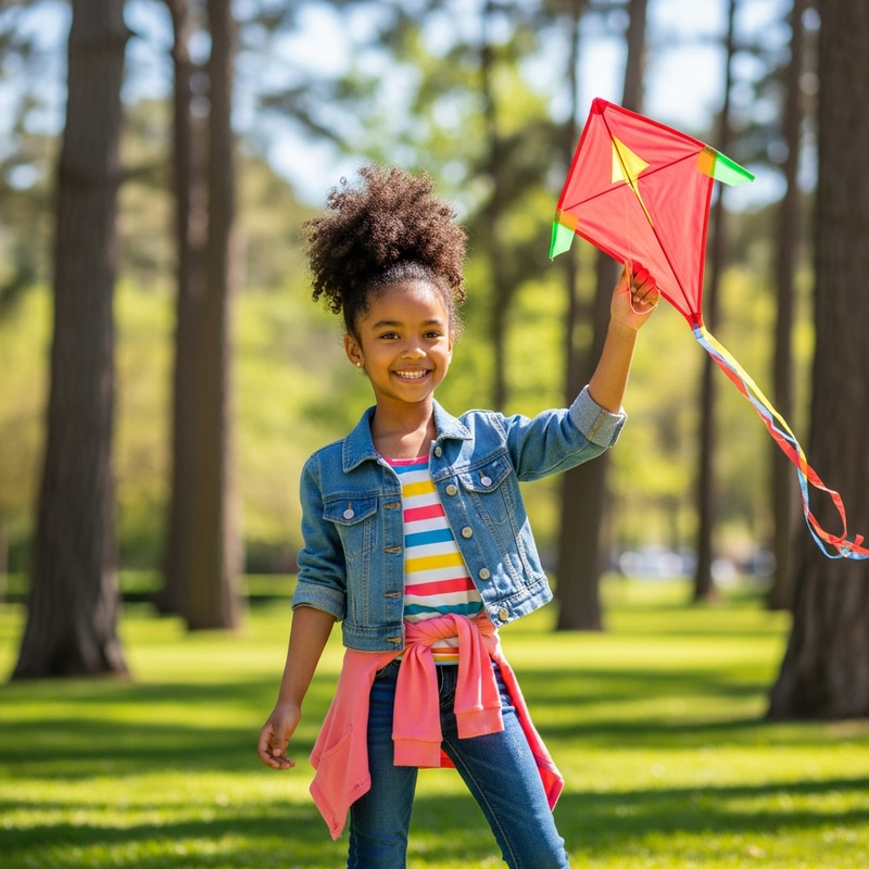 Young Brunette Girl Flying Red Kite at Sunny Park Young Brunette Girl Flying Red Kite at Sunny Park