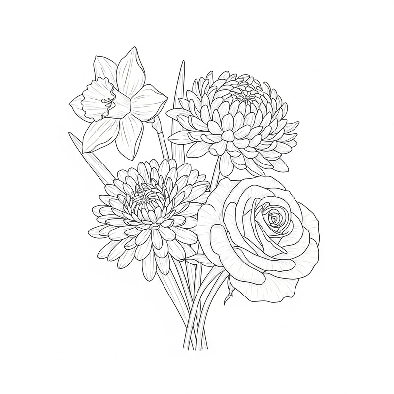 Daffodil Chrysanthemum Rose Bouquet Line Art Illustration Daffodil Chrysanthemum Rose Bouquet Line Art Illustration